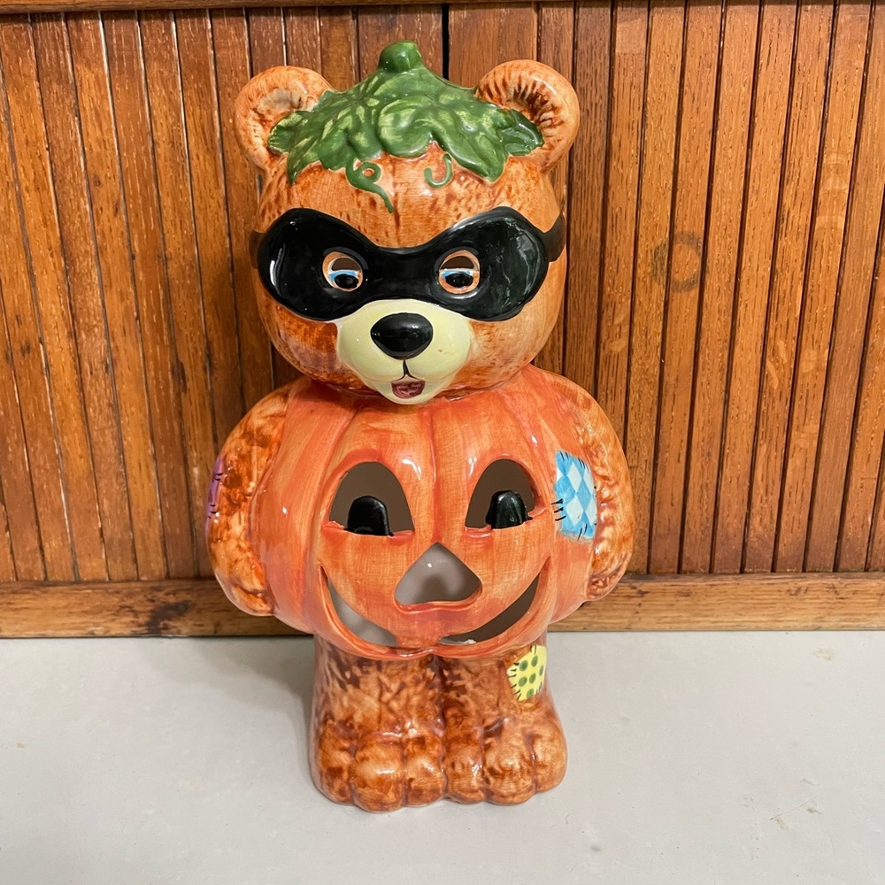 Halloween Pumpkin Bear 11" Tall! Ceramic Figurine Vintage Cute Spooky Add Lights